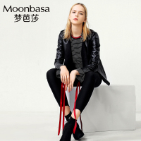 Moonbasa/梦芭莎 时尚休闲前荡片小立领短款九分袖PU夹克外套
