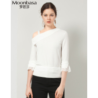 Moonbasa/梦芭莎 优雅时尚镂空坑条不对称露肩拼接罗纹七分袖T恤