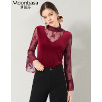 Moonbasa/梦芭莎 柔感丝绒合身型拼接蕾丝小高领荷叶装饰袖套头小衫