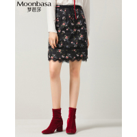 Moonbasa/梦芭莎 浪漫优雅拼接蕾丝花边装饰腰头印花半裙