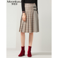 Moonbasa/梦芭莎 时尚优雅大小格纹拼接皮带扣装饰百褶A型半裙