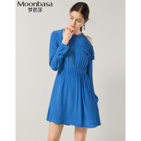 Moonbasa/梦芭莎 时尚浪漫收腰A摆半露肩压褶装饰圆领长袖连衣裙