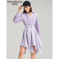 Moonbasa/梦芭莎 长袖不规则下摆绑腰带条纹连衣裙