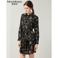 Moonbasa/梦芭莎 优雅浪漫口袋和褶皱装饰双层领开襟式宽松印花连衣裙（配本布腰带）