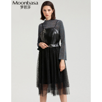 Moonbasa/梦芭莎 皮拼接纱料时尚吊带连衣裙