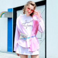 日韩时尚大小条纹拼接可吊带两穿衬衣