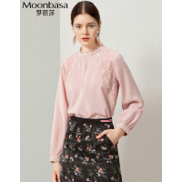 Moonbasa/梦芭莎 直身宽松型拼接蕾丝小立领长袖套头衬衫