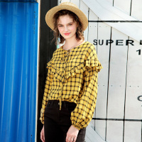 日韩时尚甜美荷叶边系带格纹灯笼袖小衫