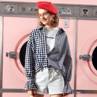 日韩时尚大小格拼接喇叭袖后绑结衬衣