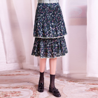 日韩时尚小碎花层层压折撞色波浪边半裙