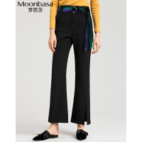 Moonbasa/梦芭莎 时尚休闲高腰丝绒腰带下脚开叉喇叭裤