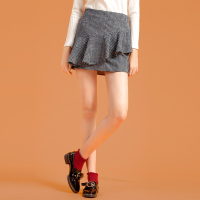 日韩俏皮黑白格呢料高腰拼接不规则荷叶边半身裙