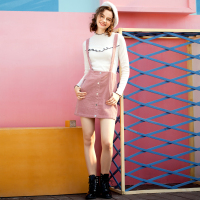 日韩时尚粗坑灯芯绒拉链装饰可拆卸背带A型半裙