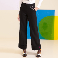 日韩时尚金属圈撞色织带装饰阔腿长裤