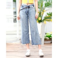 日韩潮流时尚特殊腰头设计圆圈镂空装饰直身阔腿裤（送腰带）