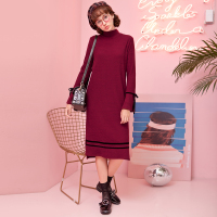 日韩时尚新型抓毛坑条拼绒织带装饰小开叉连衣裙