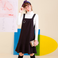 日韩时尚复古鱼尾下摆胸前趣味装饰两件套连衣裙