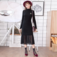 日韩小立领下摆拼波点蕾丝长款连衣裙