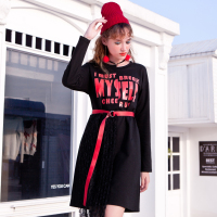 日韩时尚落肩错位圆领错位印花腰部拼新颖网布腰带装饰连衣裙