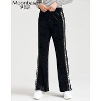 Moonbasa/梦芭莎 侧边镶银丝字母织带下脚开叉钻石绒休闲长裤