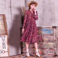 日韩时尚新颖小碎花绑绳V领喇叭袖长款连衣裙