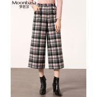 Moonbasa/梦芭莎 复古格子中高腰双排扣羊毛八分阔腿裤