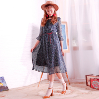 日韩时尚迷人小碎花收腰腰绑醒目皮绳性感飘逸连衣裙