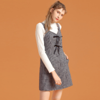 日韩时尚黑白格子呢料背带蝴蝶结装饰复古包扣收腰背带连衣裙