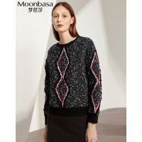 Moonbasa/梦芭莎 时尚创意撞色罗纹织带花纱呢套头卫衣