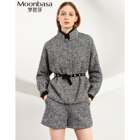 Moonbasa/梦芭莎 时尚立领蝙蝠袖人字编织呢配腰带套装