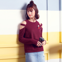 日韩时尚特殊肩部露肩设计圆领套头长袖小衫