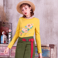 日韩时尚百搭靓丽花朵印花波边圆领长袖T恤