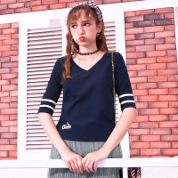 日韩时尚简约条子趣味昆虫印花大V领T恤