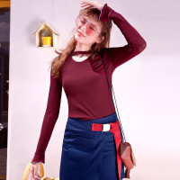 日韩时尚百搭衣边撞色密边喇叭长袖挖领小衫