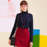 日韩时尚胸前V型织带压褶花边装饰高领小衫