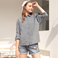 日韩时尚宽松显瘦喇叭袖撞色绑带条纹百搭小衫