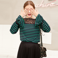 日韩时尚迷人拼蕾丝花边一字领蝴蝶结喇叭袖设计小衫