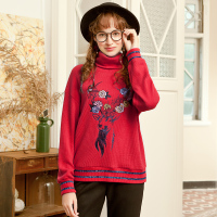 日韩肌理坑条高领落肩胸前鹿花朵绣花拼撞色银丝双条罗纹小衫