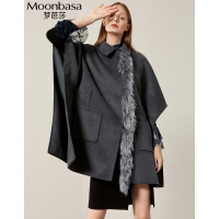 Moonbasa/梦芭莎 优雅知性貉子毛领羊毛斗篷大衣