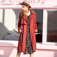 日韩时尚翻领落肩腰带装饰中长款外套