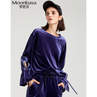 Moonbasa/梦芭莎 时尚百搭丝绒撞色线圆领长袖上衣