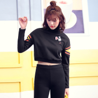 日韩时尚落肩破洞露肩小性感设计袖子拼接织带卫衣