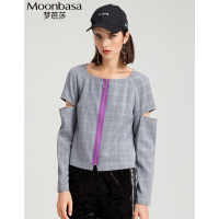 Moonbasa/梦芭莎 船形领袖身镂空片撞色拉链格纹百搭上衣