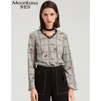 Moonbasa/梦芭莎 时尚百搭格纹碎花v领微喇叭袖上衣