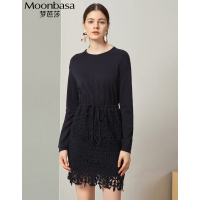 Moonbasa/梦芭莎 时尚优雅简约腰部抽绳拼接立体蕾丝圆领长袖针织连衣裙