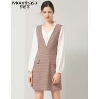 Moonbasa/梦芭莎 时尚优雅格子大口袋深V领马甲式收腰A摆简约百搭连衣裙