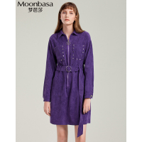 Moonbasa/梦芭莎 时尚灯芯绒口袋装订设计紫色长袖连衣裙