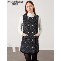 Moonbasa/梦芭莎 时尚两穿圆领花纱编织呢珍珠扣连衣裙