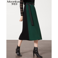 Moonbasa/梦芭莎 时尚百搭创意撞色压褶配腰带毛织中长半裙