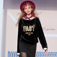 日韩时尚简约丝绒一字领落肩袖前胸字母印花卫衣